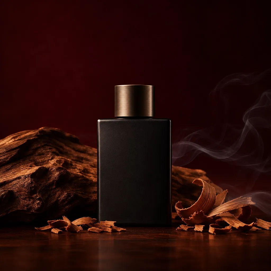 Dark woody fragrance bottle with cedar and smoke