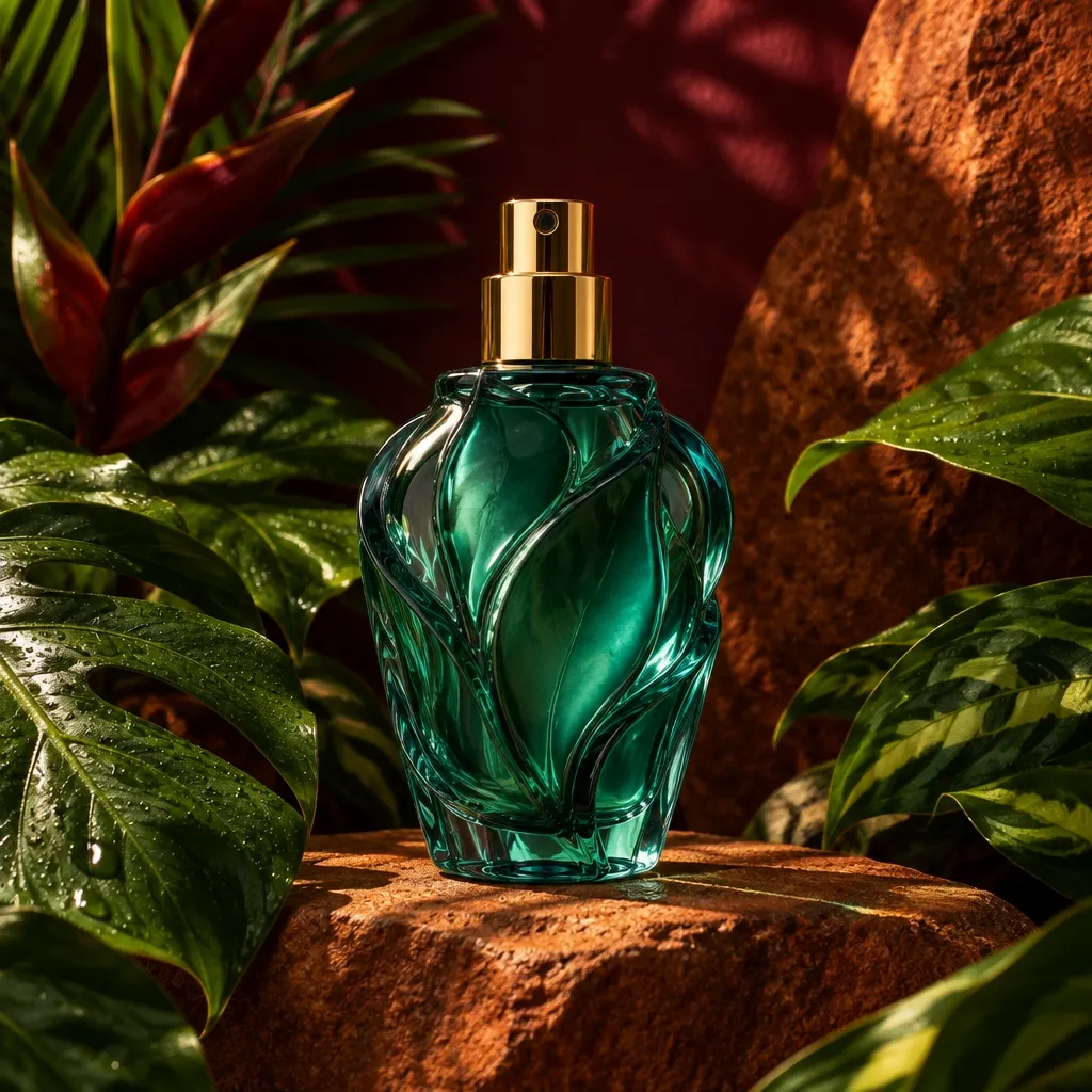 Teal sculptural Le Beau Paradise Garden style fragrance bottle among tropical leaves