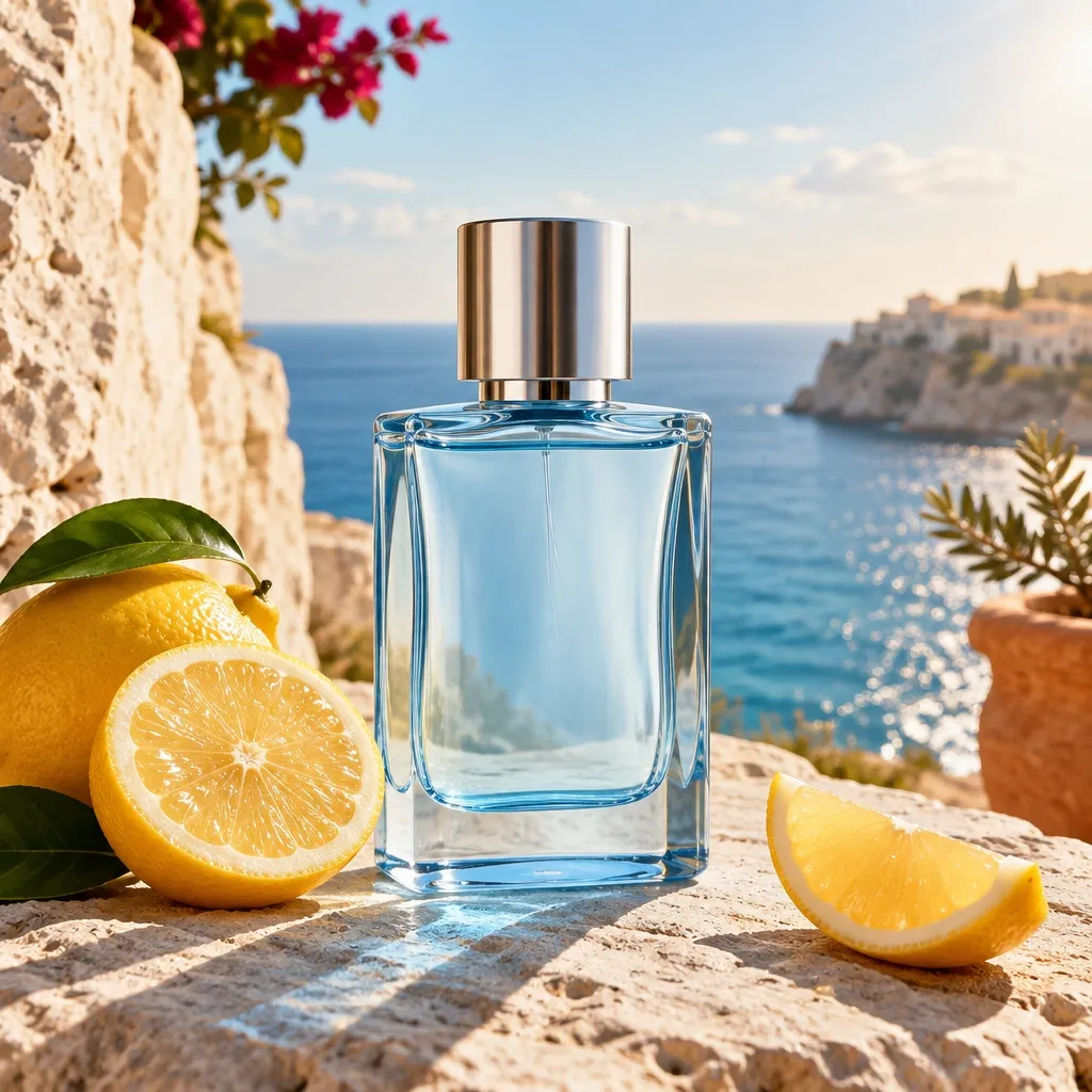 Clear blue fragrance bottle beside lemons overlooking the Mediterranean
