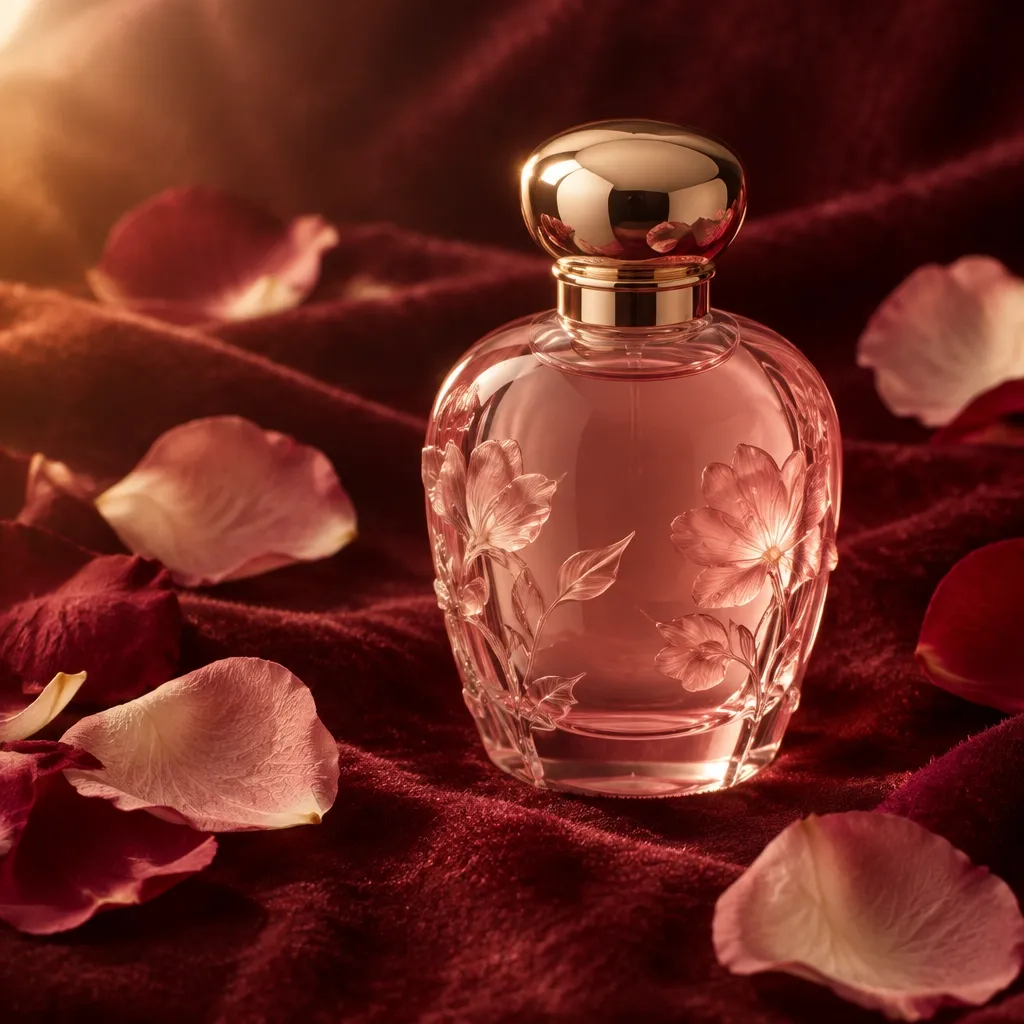 Blush floral fragrance bottle on burgundy velvet and rose petals