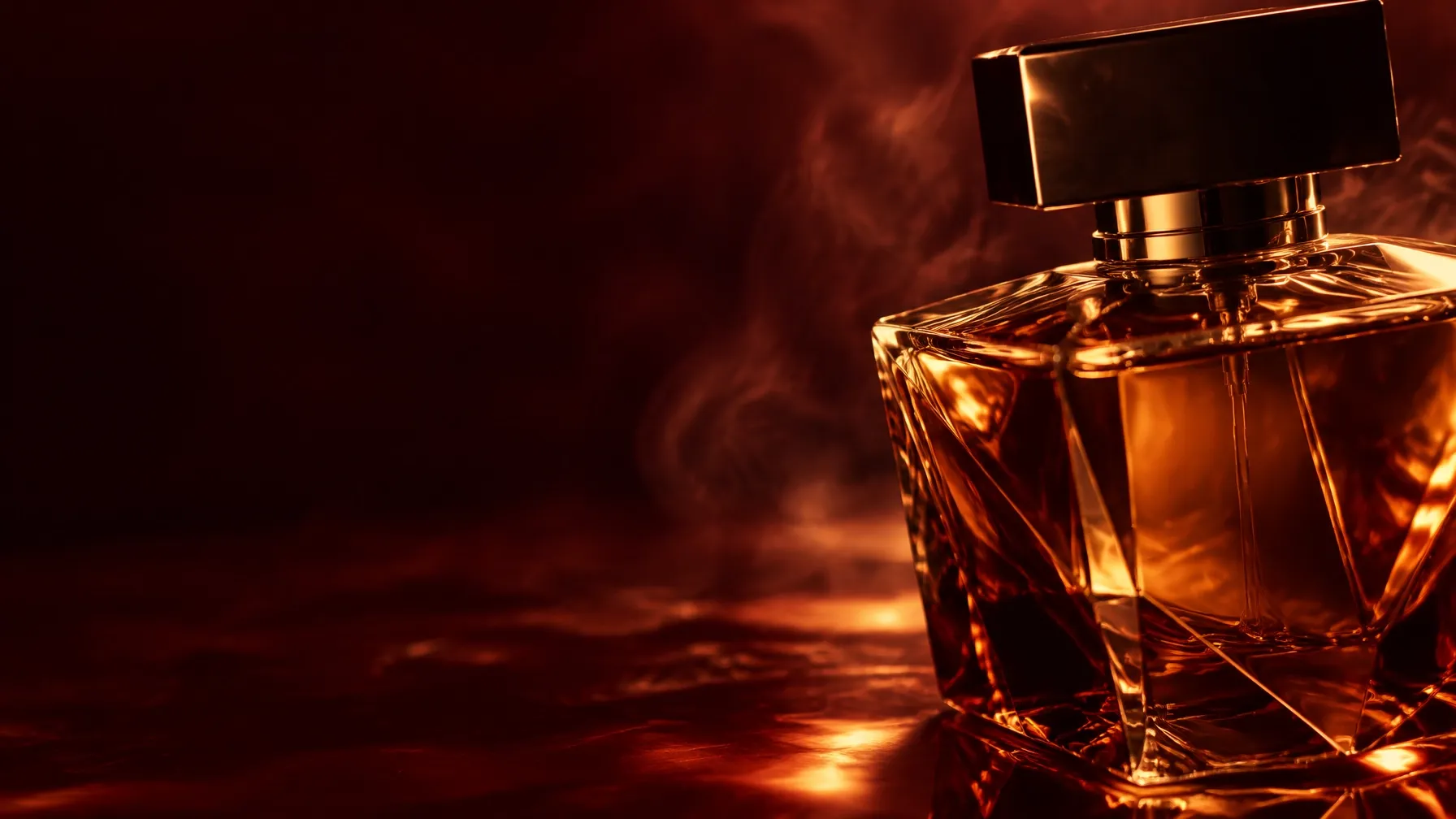 Amber perfume bottle glowing against a burgundy background